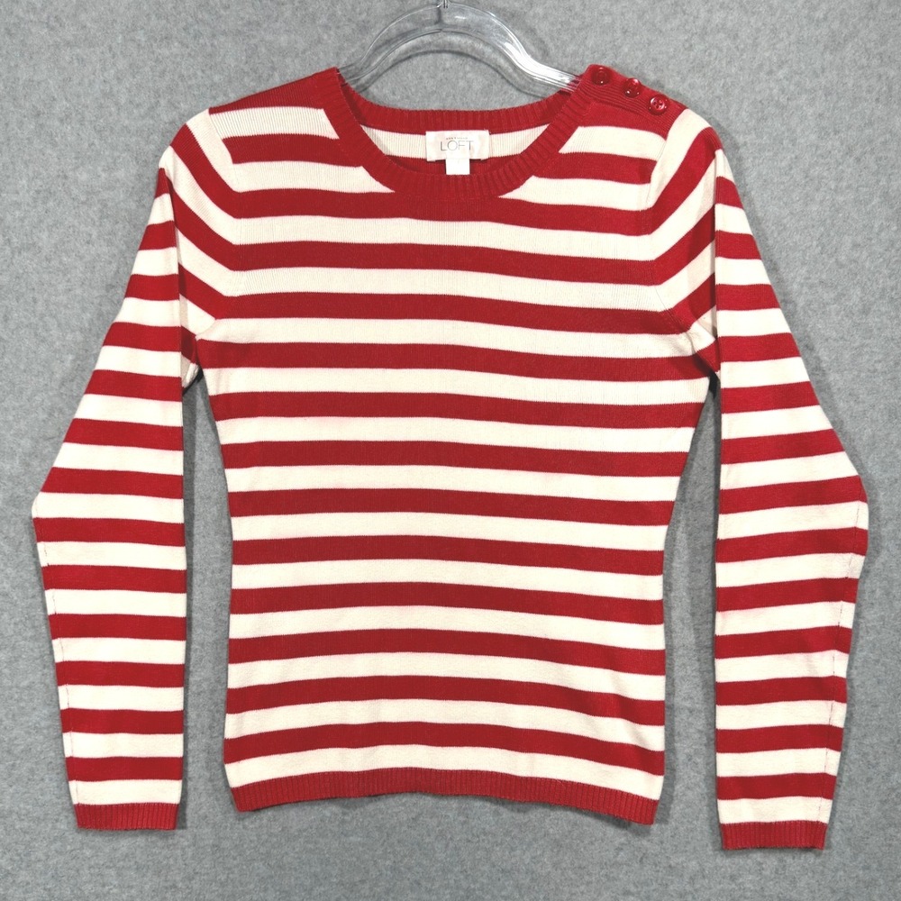 LOFT Striped Cotton Sweater Button Accent Long‎ Sleeve Red White XS